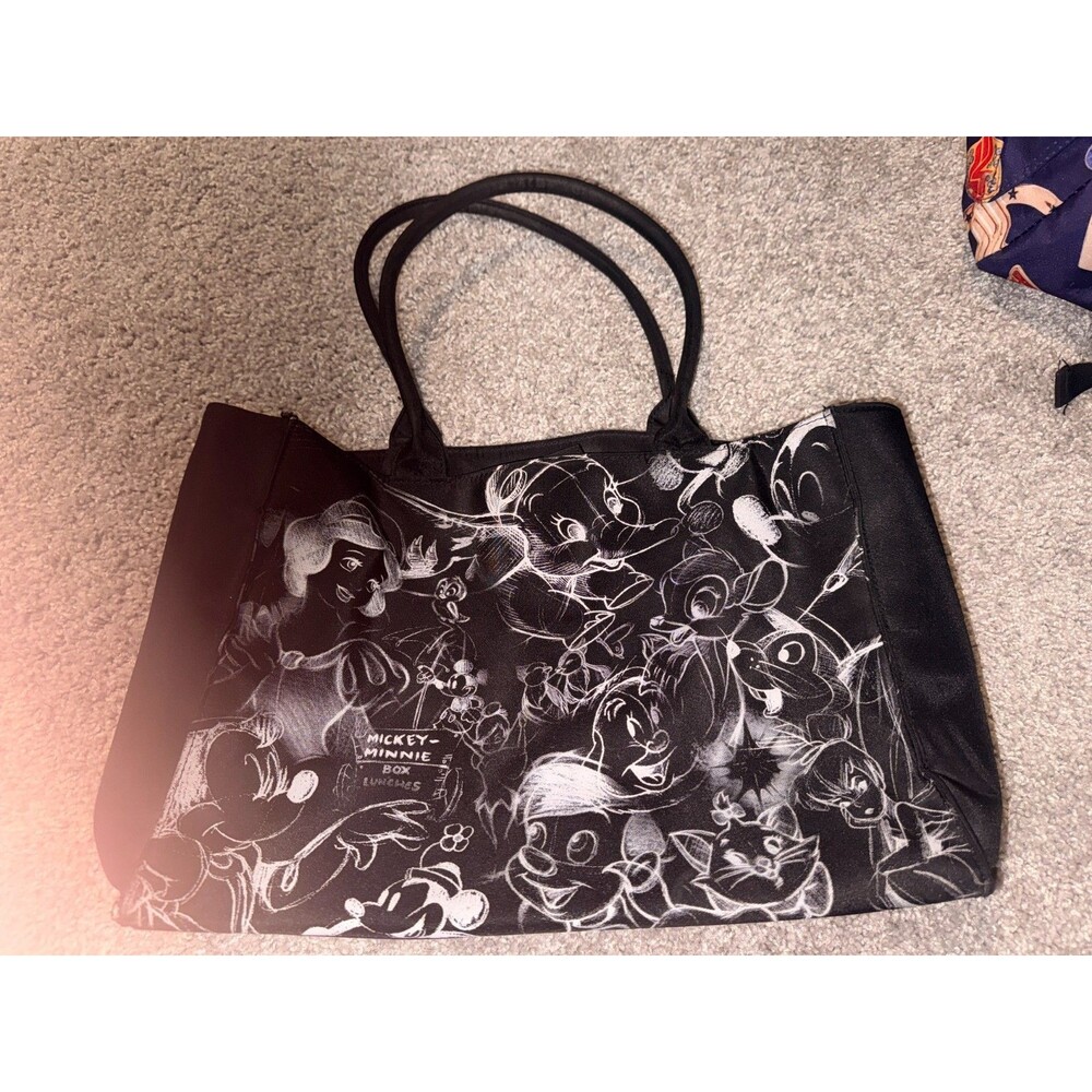Disney Characters White Sketches on Black Tote Bag EUC
